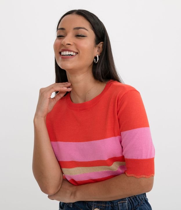 Blusa Manga Curta em Tricô com Listras e Fio Metalizado