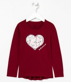 Camiseta Infantil Manga Longa Estampa Coração com Paetê Reversível com Floral - Tam 5 a 14