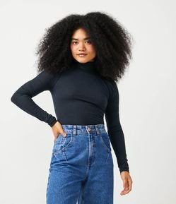 Blusa em Ribana com Gola Alta e Manga Bufante
