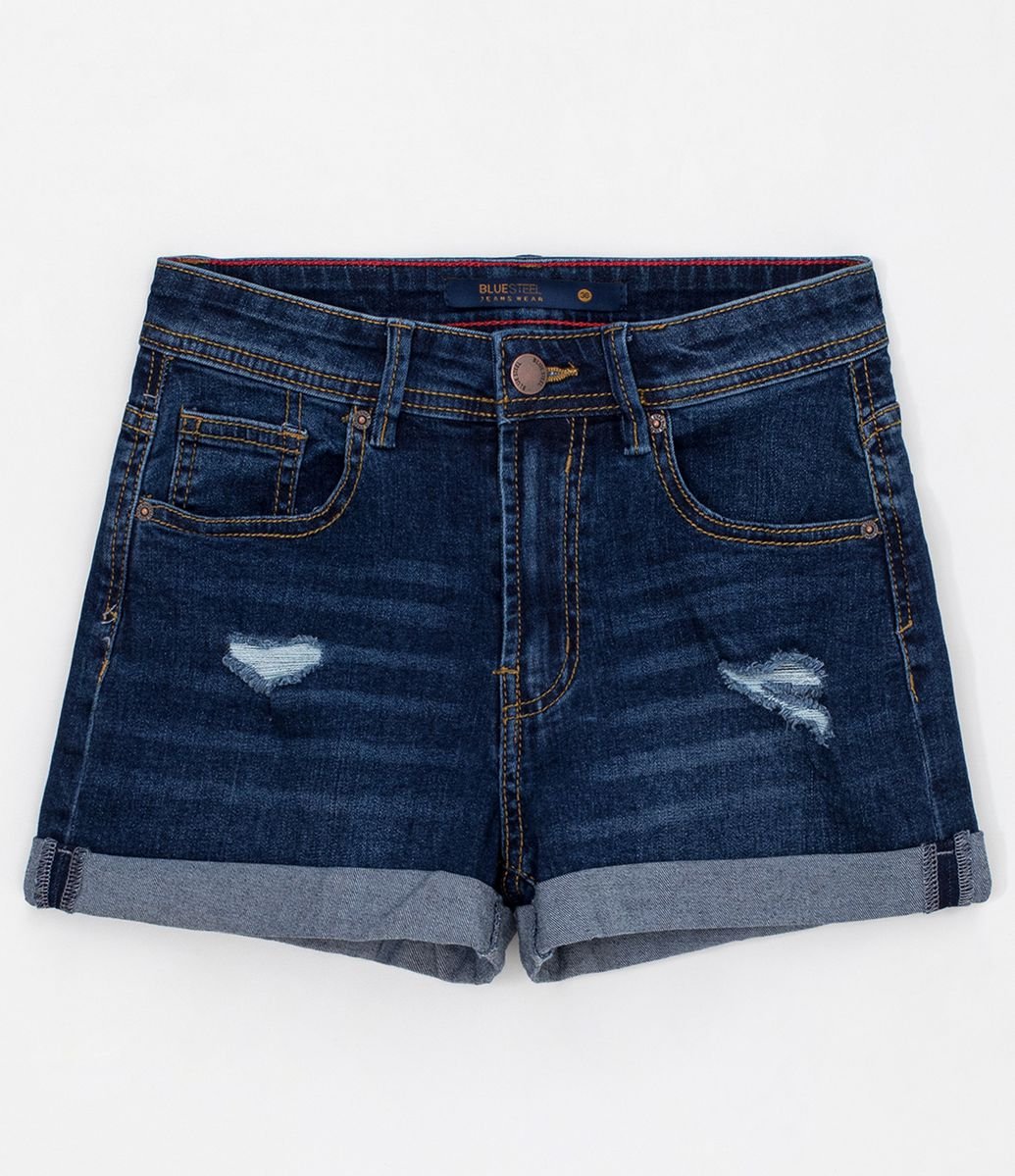 Short Reto Jeans Liso com Puídos e Barra Dobradinha Menor preço em Short Reto Jeans Liso com Puídos e Barra Dobradinha