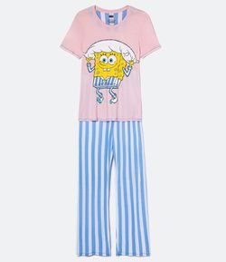 Pijama Manga Curta Estampa Bob Esponja e Calça Listrada em Viscose