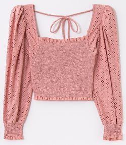 Blusa Cropped Manga Longa com Decote Quadrado e Amarração