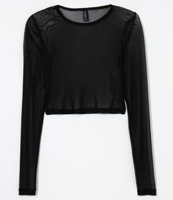 Blusa Cropped em Tule com Manga Longa