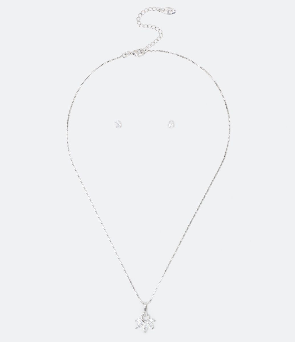 Conjunto Brinco e Colar com Pingente Flor em Zircônia Menor preço em Conjunto Brinco e Colar com Pingente Flor em Zircônia
