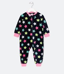 Pijama Macacão Infantil em Fleece Estampa de Estrelas - Tam 1 a 8 anos