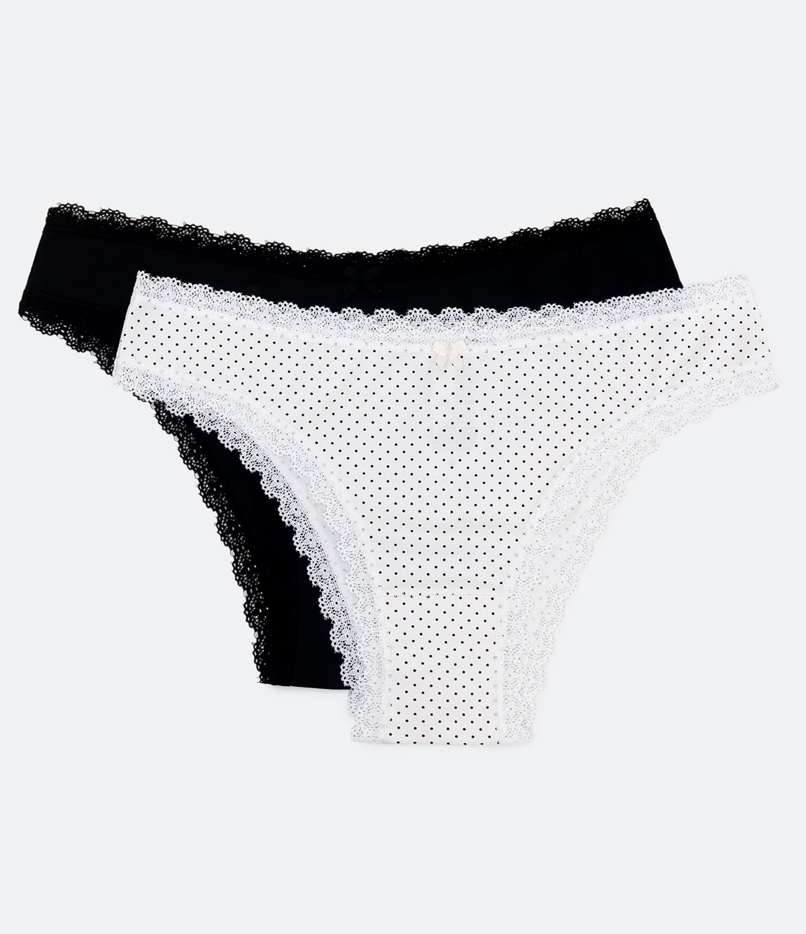 Kit 02 Calcinhas Biquíni com Estampa Mini Poá e Acabamento de Ondinhas Preto/Branco Neve 1