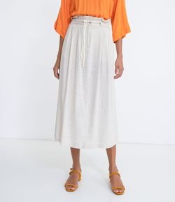 Saia Midi Evasê em Viscolinho com Bolsos e Cinto Corda