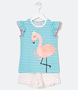 Pijama Infantil com Babados e Estampa Flamingo - Tam 5 a 14 anos