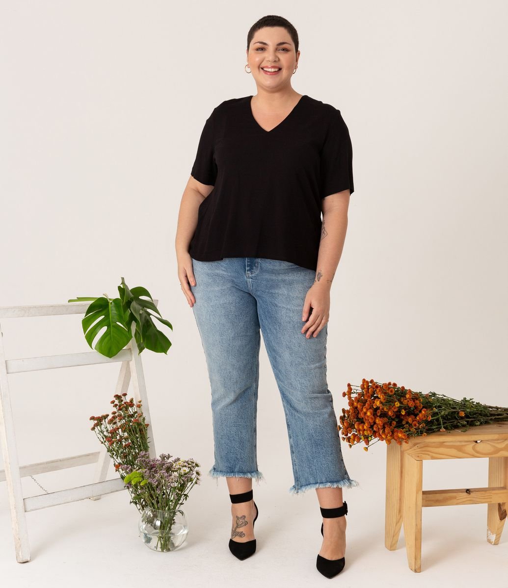 Calça Reta Cropped Jeans com Tachas Curve & Plus Size Azul - Renner