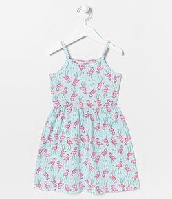 Vestido Infantil Alcinha Estampa Flamingos com Detalhes - Tam 5 a 14