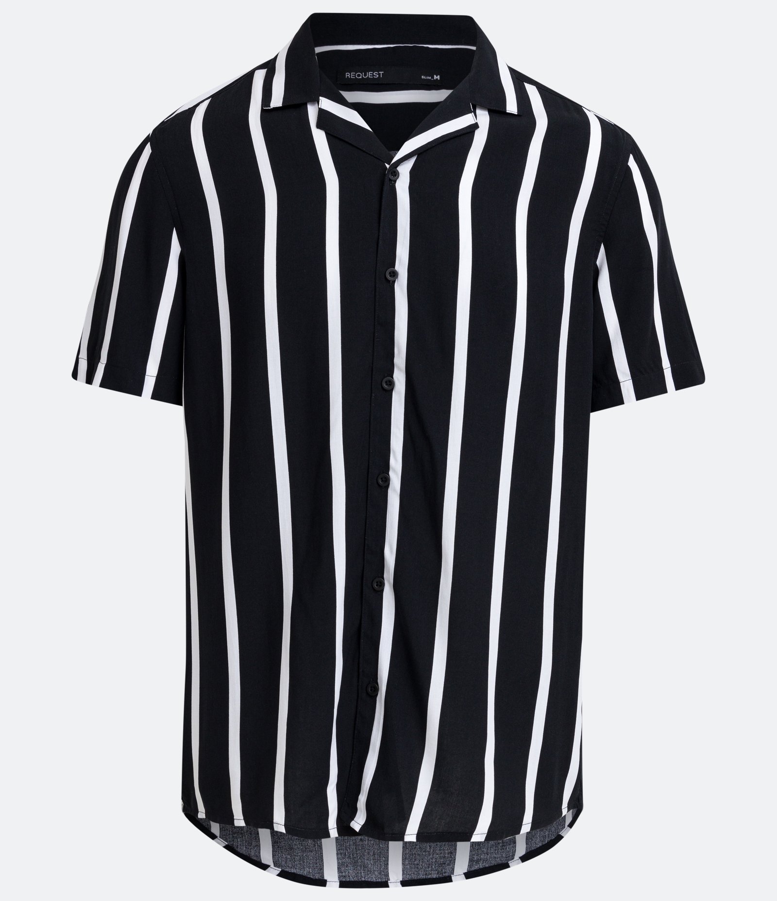 Camisa Slim em Viscose com Listras e Manga Curta Preto 1