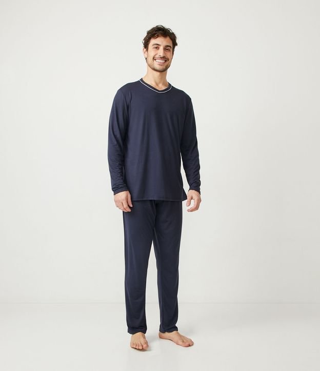 Pijama Longo em Algodão com Manga Longa - Cor: Azul - Tamanho: M