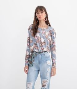 Blusa Manga Longa Fake Suede Estampa Borboletas Floral 