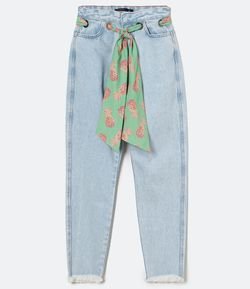 Calça Clochard Jeans Lisa com Cinto Faixa Estampa Abacaxi