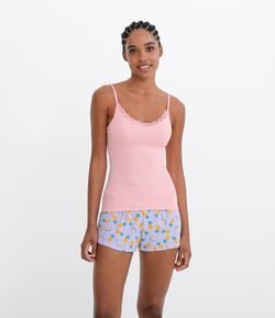 Pijama Alcinha Decote com Renda com Short Estampa Abacaxi e Malancia