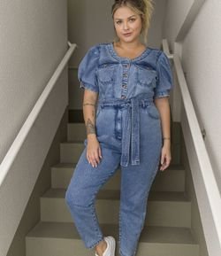 Macacão Jeans com Mangas Bufantes Curve & Plus Size