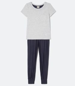 Pijama Manga Curta Lisa com Bolso e Calça Listrada com Tassel