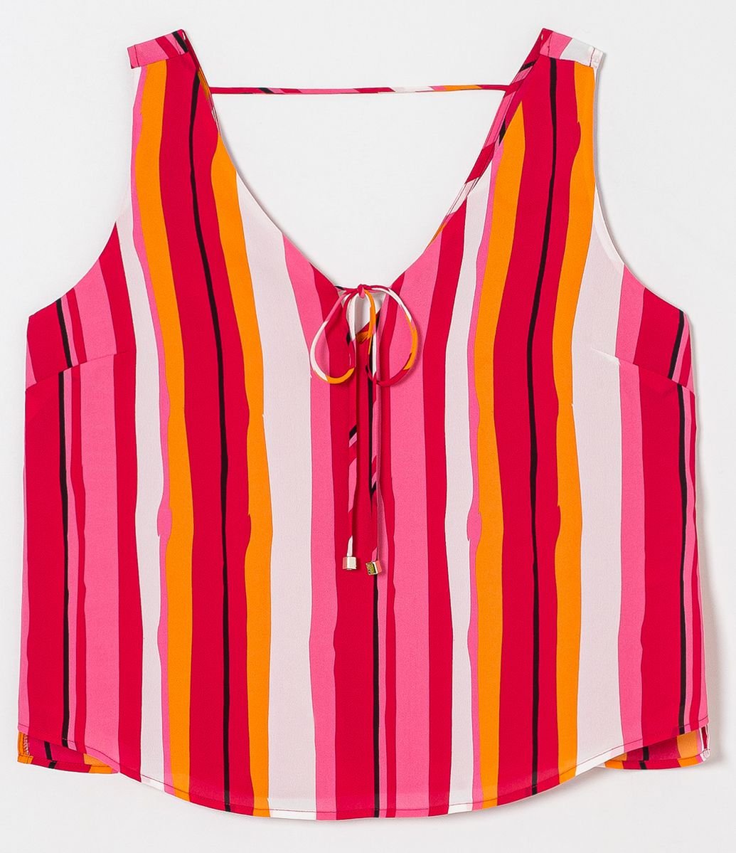 Blusa Regata em Chiffon Estampa Listras com Amarração Menor preço em Blusa Regata em Chiffon Estampa Listras com Amarração