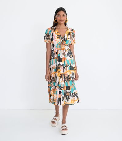 Vestido Midi em Viscose Estampada com Decote V e Amarração na Frente Menor preço em Vestido Midi em Viscose Estampada com Decote V e Amarração na Frente