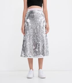 Saia Midi Evasê em Paetê com Elástico no Cós