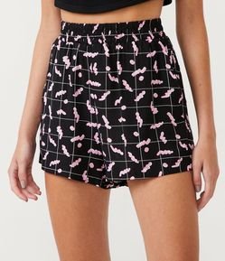Short Cintura Média em Viscose com Estampa Xadrez Grid e Rabiscos