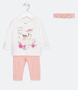 Conjunto Infantil Blusa Estampa Bambi Calça Poá e Tiara - Tam 0 a 18 meses