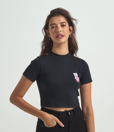 Blusa Cropped Gola Alta Manga Curta Bordado Ursinhos Carinhosos Menor preço em Blusa Cropped Gola Alta Manga Curta Bordado Ursinhos Carinhosos