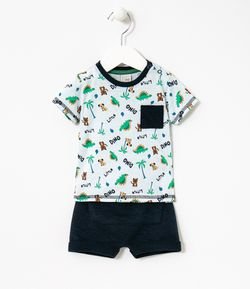 Conjunto Infantil Camiseta Estampa Dinos e Cachorros com Bermuda Saruel - Tam 0 a 18 meses