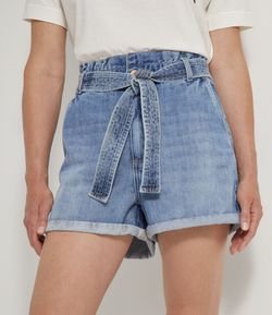 Short Clochard Jeans Liso com Cinto Faixa