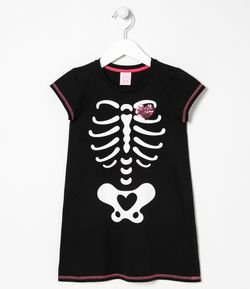 Camisola Esqueleto Halloween Brilha no Escuro com Coração em Paetê Reversível - Tam 5 ao 12