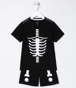 Pijama Infantil Estampa Esqueleto Halloween Brilha no Escuro - Tam 5 ao 14 anos 