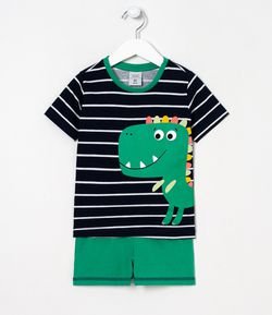 Pijama Infantil Estampa Dinossauro e Listras - Tam 1 a 4 anos