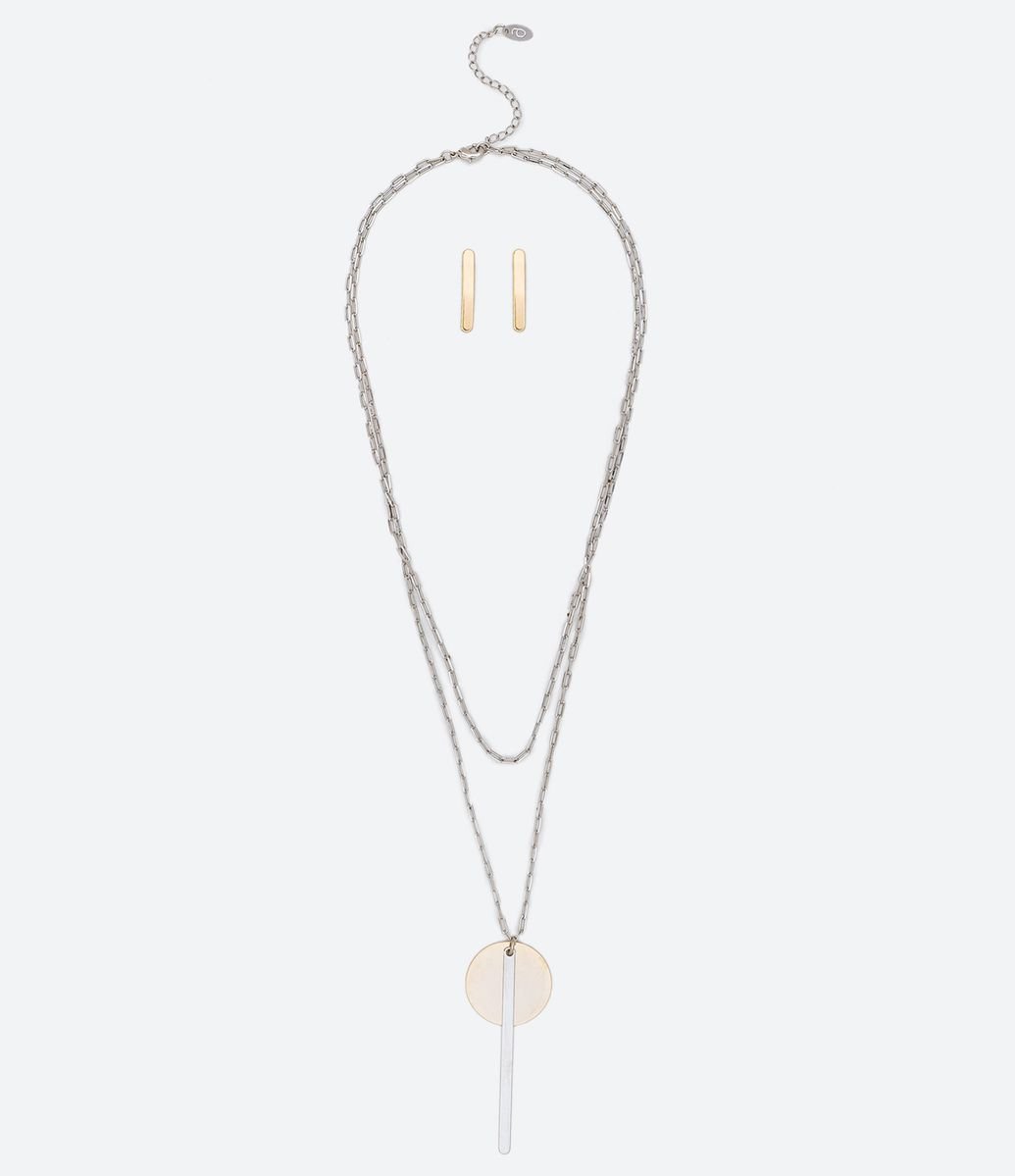 Conjunto Colar e Brinco com Camadas e Pingente Geometrico Menor preço em Conjunto Colar e Brinco com Camadas e Pingente Geometrico