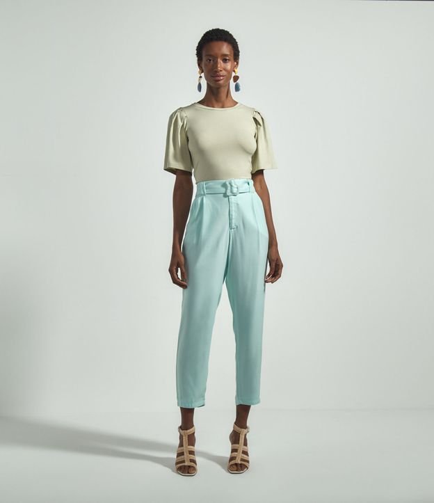 Pantalón Comfort sin Estampado en Viscose con Cinturón y Hebilla Verde 5