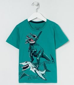 Camiseta Infantil Estampa Dino Surfando - Tam 5 a 14 anos 