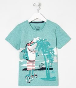 Camiseta Manga Curta Estampa Tubarão - Tam 5 a 14 anos 
