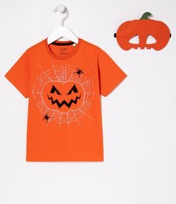 Camiseta Infantil Estampa Abóbora com Máscara - Tam 5 a 14