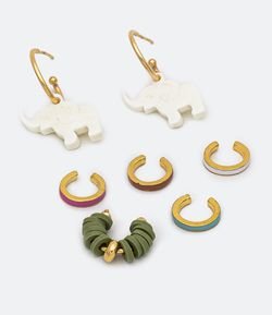 Kit 5 Piercings e 1 Par de Argolinhas em Metal com Pingente de Elefante 