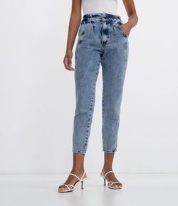 Calça Baggy Jeans Lisa com Recortes e Cós Elástico 