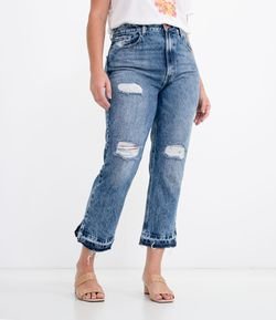 Calça Reta Jeans Lisa com Puídos