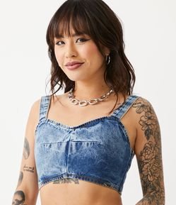 Blusa Cropped de Alça em Jeans com Lastex nas Costas