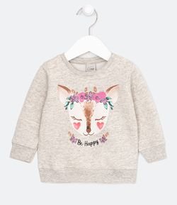 Blusão Infantil em Moletom Estampa Bambi com Flores - Tam 0 a 18 meses
