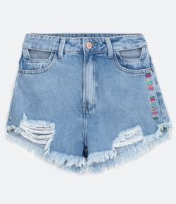 Short Jeans Cintura Alta com Abertura nos Bolsos Frontais e Bordado na Lateral 