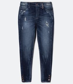 Calça Skinny Cropped Jeans com Puídos e Botões