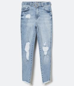 Calça Skinny Jeans Lisa com Puídos e Cinto Argola