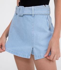 Short Saia Jeans com Fendas e Cinto