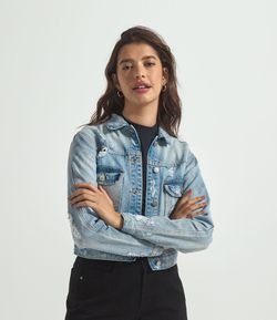 Jaqueta Jeans Cropped com Puídos