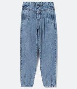 Calça Baggy Jeans Lisa com Pregas e Botões Forrados