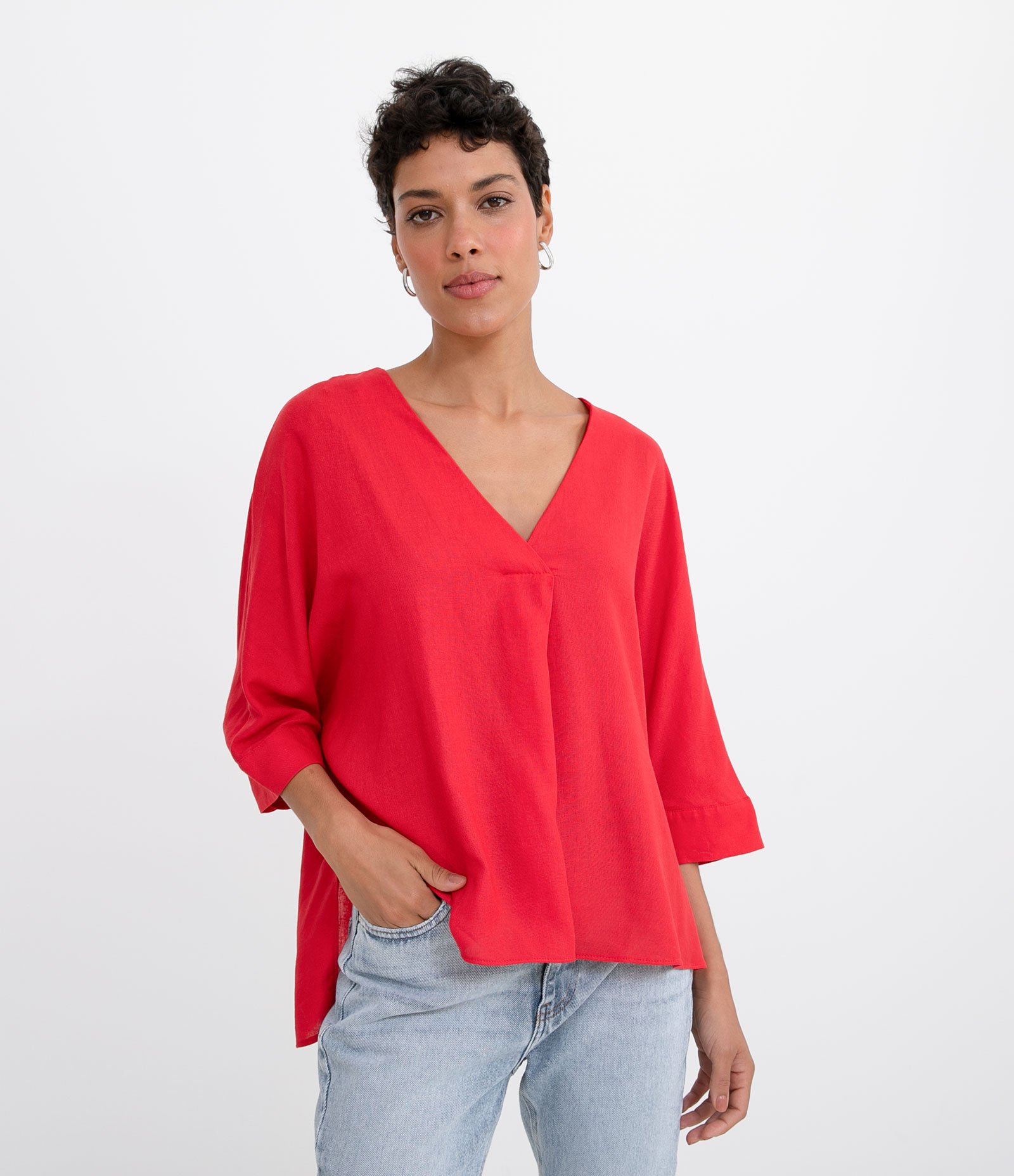 Blusa Decote V Manga 3/4 em Linho  Rosa 1