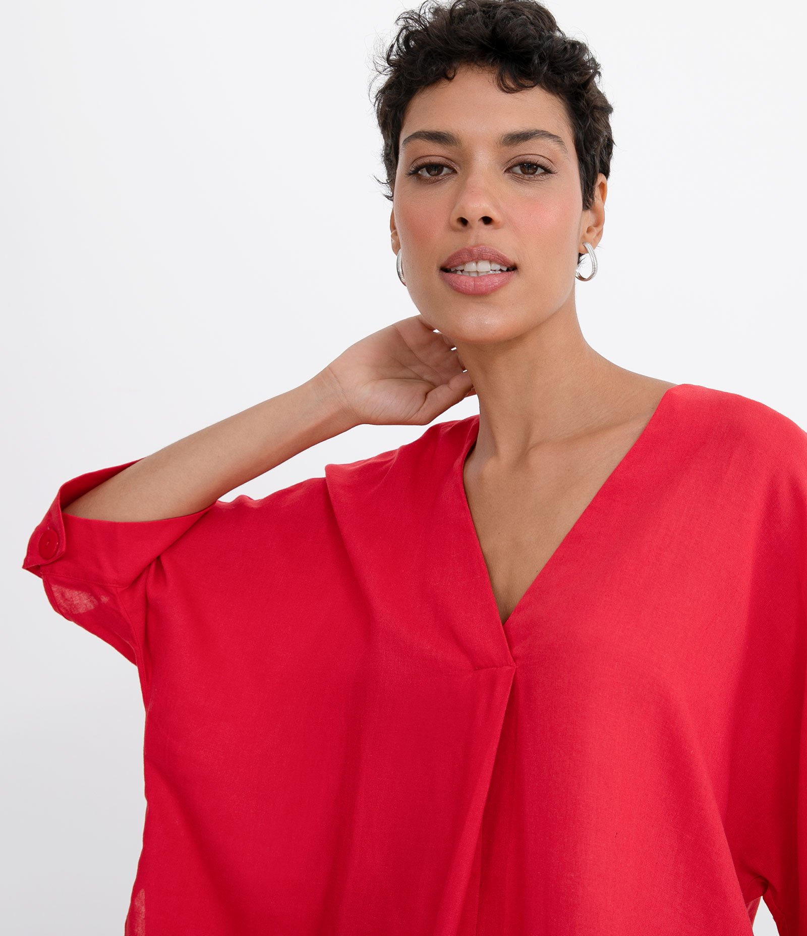 Blusa Decote V Manga 3/4 em Linho  Rosa 3